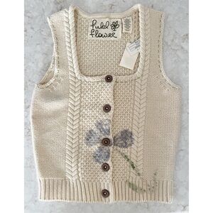 Anthropologie Field Flower Ivory Knit Button-Up Square-Neck Vest Medium NWT